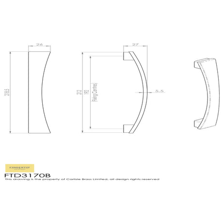 This image is a line drwaing of a FTD - Valetta Bow Handle 192mm - Satin Nickel available to order from Trade Door Handles in Kendal