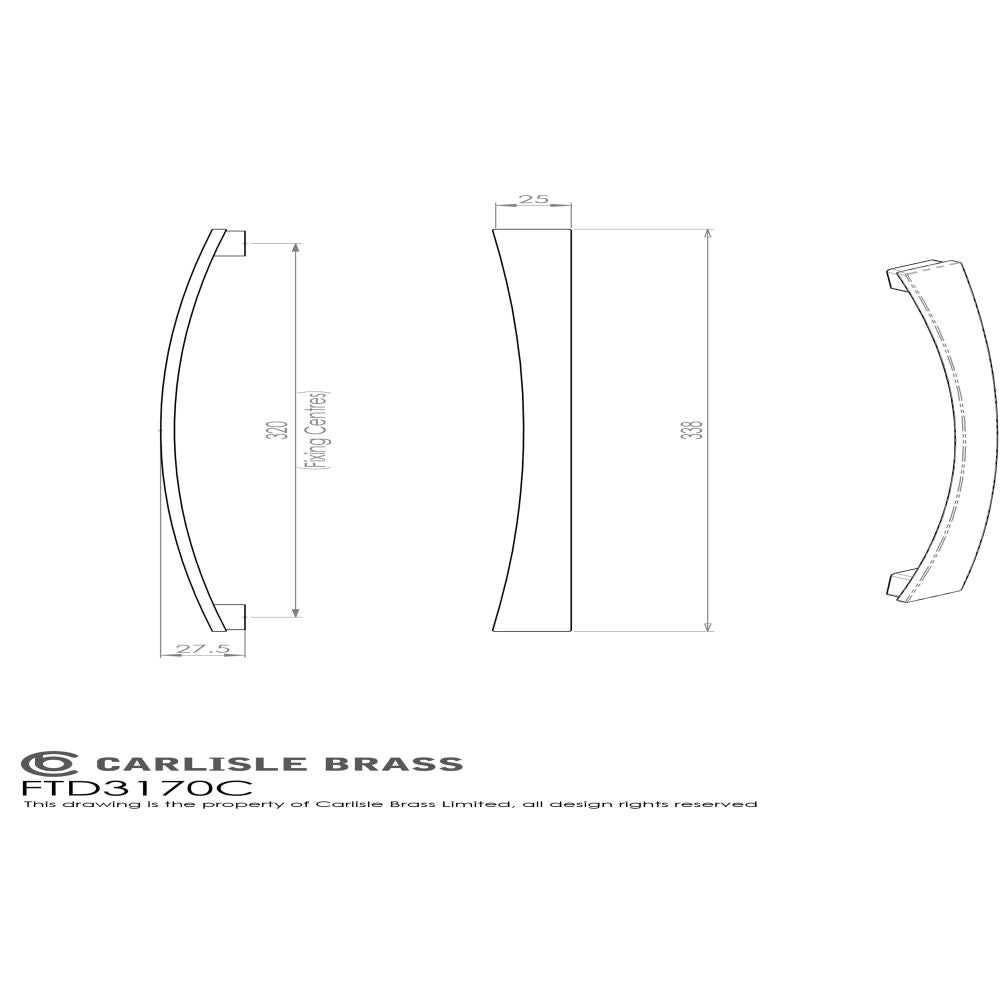 This image is a line drwaing of a FTD - Valetta Bow Handle 320mm - Satin Nickel available to order from Trade Door Handles in Kendal