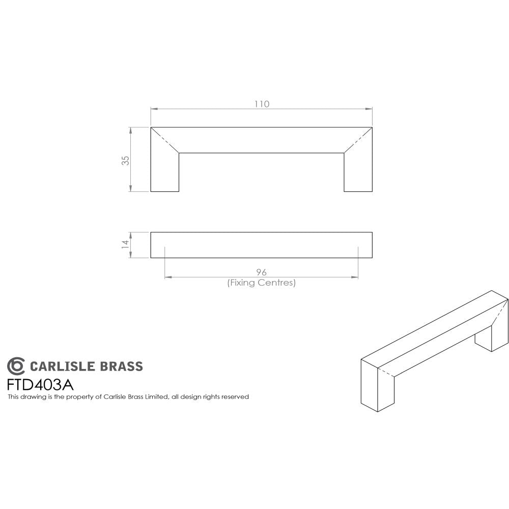 This image is a line drwaing of a FTD - Linear Handle 96mm C/C - Satin Stainless Steel available to order from Trade Door Handles in Kendal