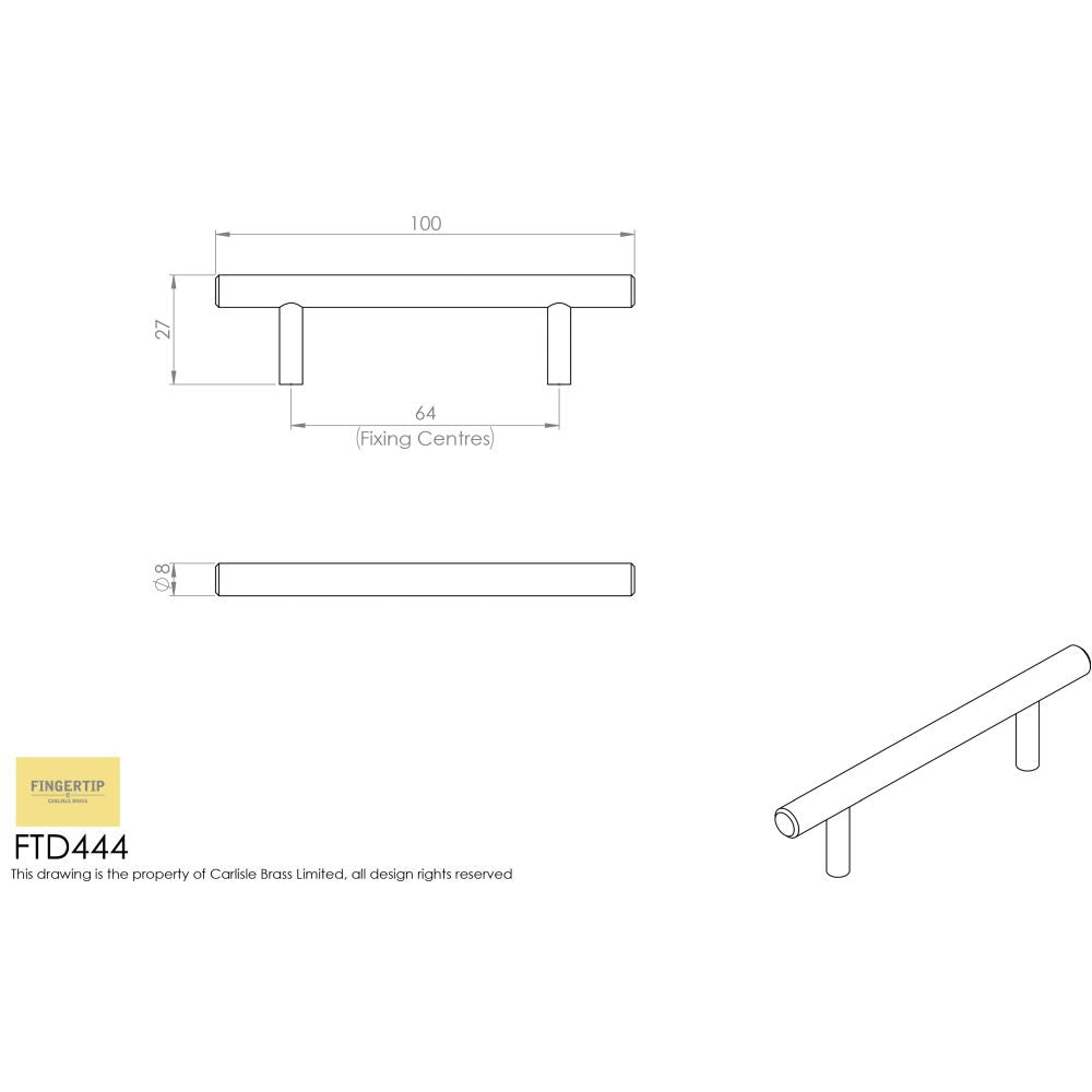 This image is a line drwaing of a FTD - Mini T-Bar Handle 64mm - Polished Chrome available to order from Trade Door Handles in Kendal