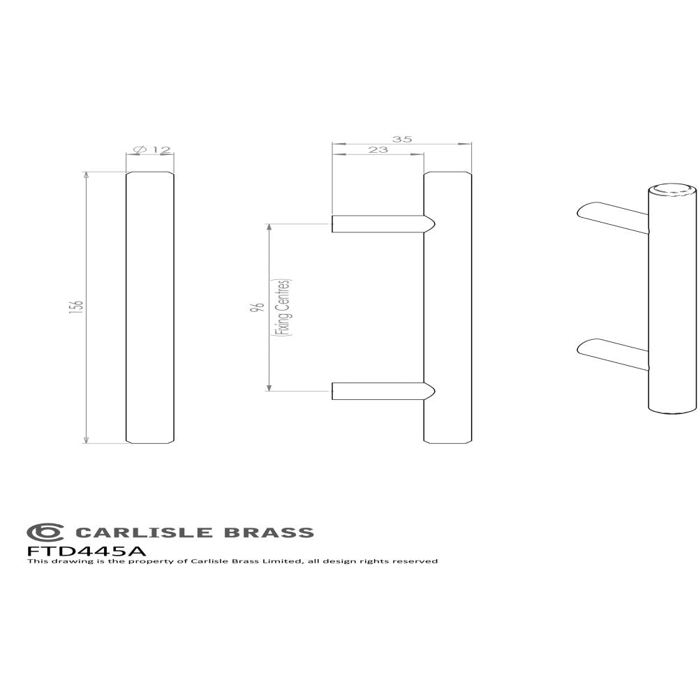 This image is a line drwaing of a FTD - Steel T-Bar Handle 96mm - Satin Nickel available to order from Trade Door Handles in Kendal