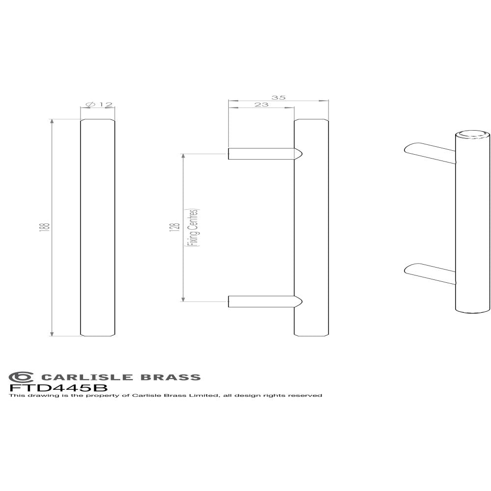 This image is a line drwaing of a Carlisle Brass - Steel T-Bar Handle 128mm - Antique Brass available to order from Trade Door Handles in Kendal