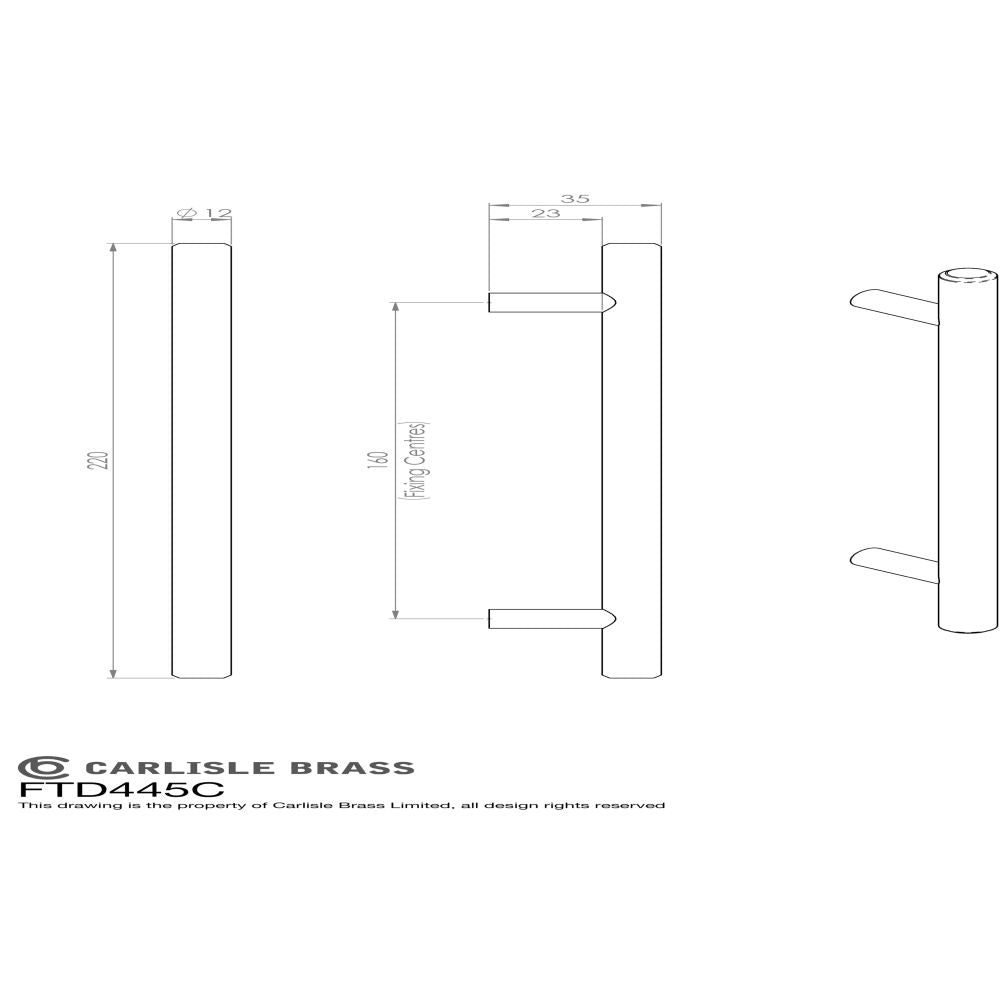 This image is a line drwaing of a FTD - Steel T-Bar Handle 160mm - Matt Black available to order from Trade Door Handles in Kendal