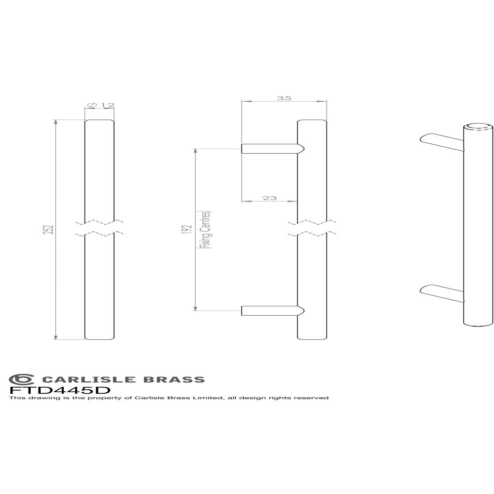 This image is a line drwaing of a FTD - Steel T-Bar Handle 192mm - Satin Nickel available to order from Trade Door Handles in Kendal