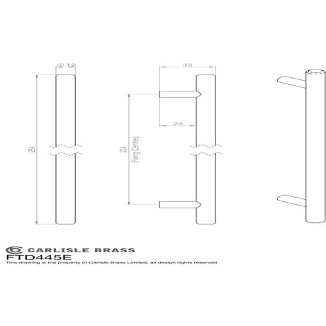 This image is a line drwaing of a FTD - Steel T-Bar Handle 224mm - Satin Nickel available to order from Trade Door Handles in Kendal