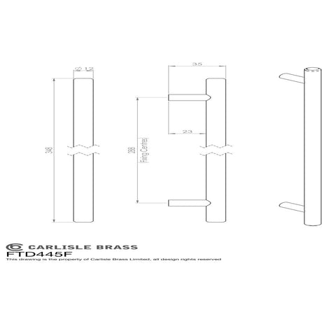 This image is a line drwaing of a FTD - Steel T-Bar Handle 288mm - Matt Black available to order from Trade Door Handles in Kendal