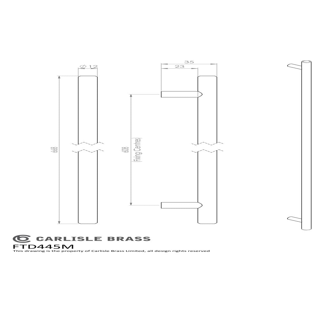 This image is a line drwaing of a FTD - Steel T-Bar Handle 608mm - Matt Black available to order from Trade Door Handles in Kendal