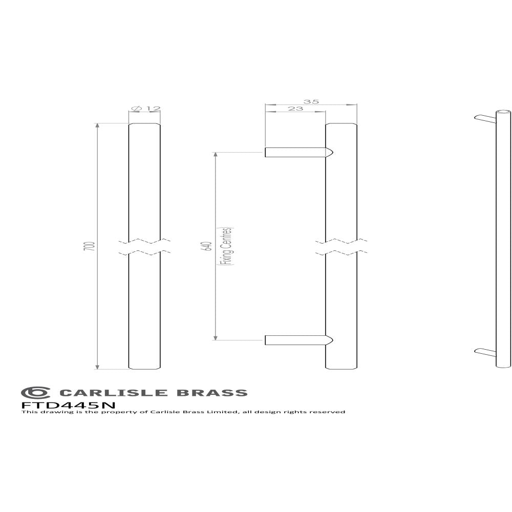 This image is a line drwaing of a FTD - Steel T-Bar Handle 640mm - Satin Nickel available to order from Trade Door Handles in Kendal