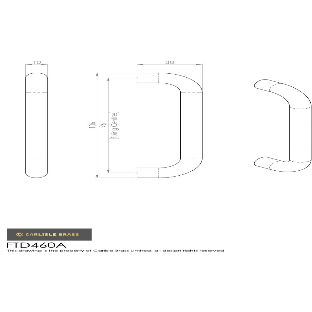 This image is a line drwaing of a FTD - D Handle 96mm - Satin Nickel available to order from Trade Door Handles in Kendal