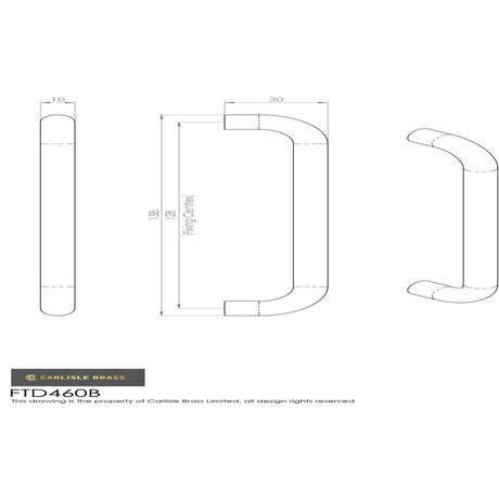 This image is a line drwaing of a FTD - D Handle 128mm - Satin Nickel available to order from Trade Door Handles in Kendal