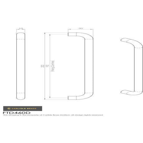 This image is a line drwaing of a FTD - D Handle 192mm - Satin Nickel available to order from Trade Door Handles in Kendal