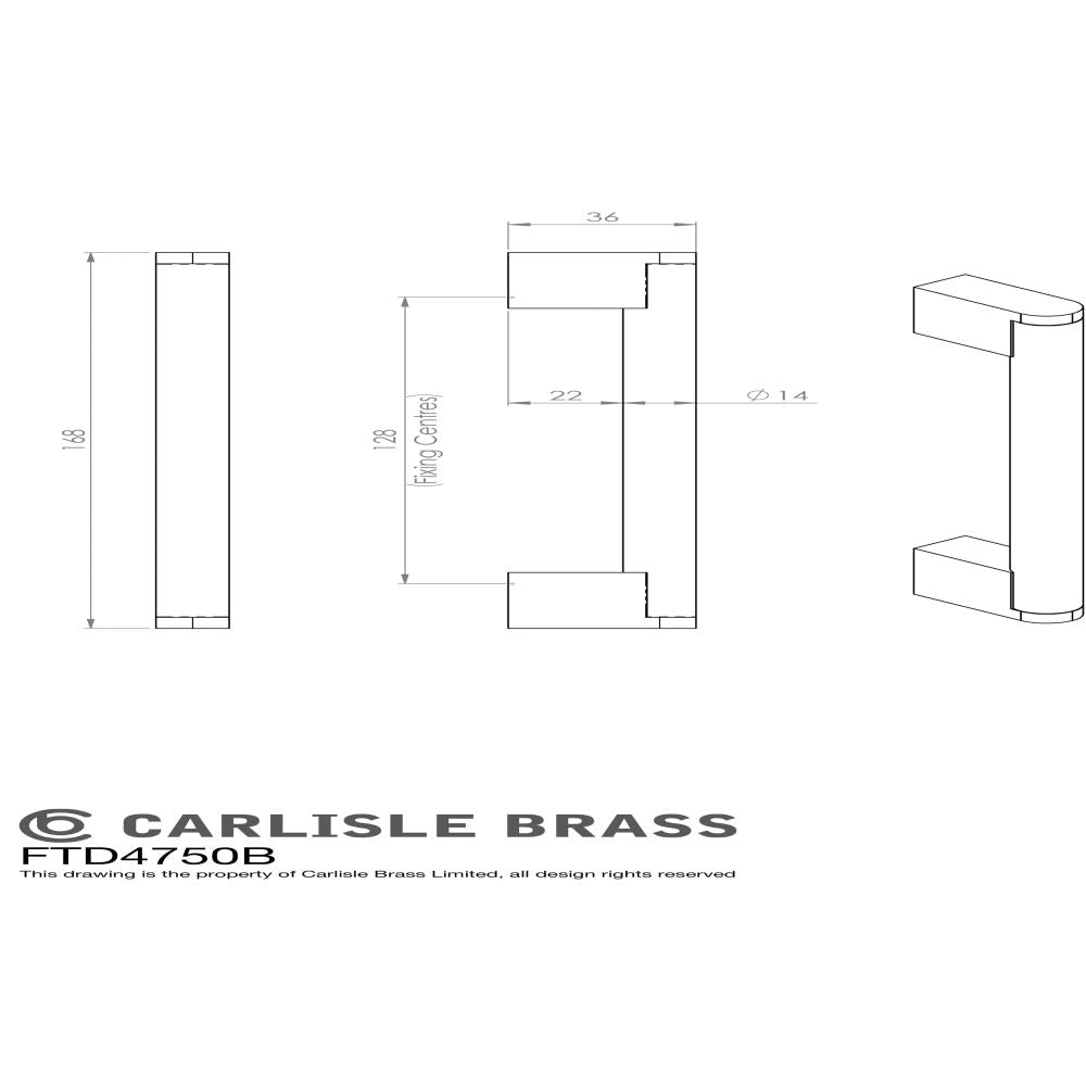 This image is a line drwaing of a FTD - Bar Handle 128mm - Satin Nickel/Stainless Steel available to order from Trade Door Handles in Kendal