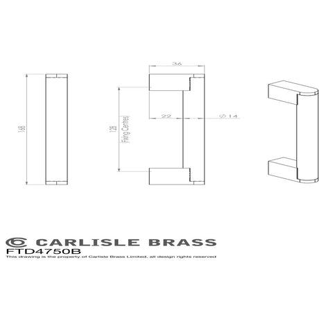 This image is a line drwaing of a FTD - Bar Handle 128mm - Satin Nickel/Stainless Steel available to order from Trade Door Handles in Kendal