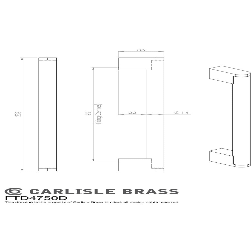 This image is a line drwaing of a FTD - Bar Handle 192mm - Satin Nickel/Stainless Steel available to order from Trade Door Handles in Kendal