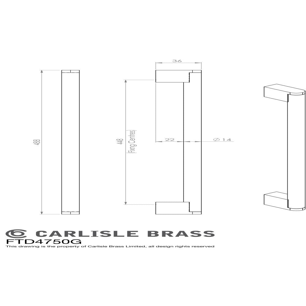 This image is a line drwaing of a FTD - Bar Handle 448mm - Satin Nickel/Stainless Steel available to order from Trade Door Handles in Kendal