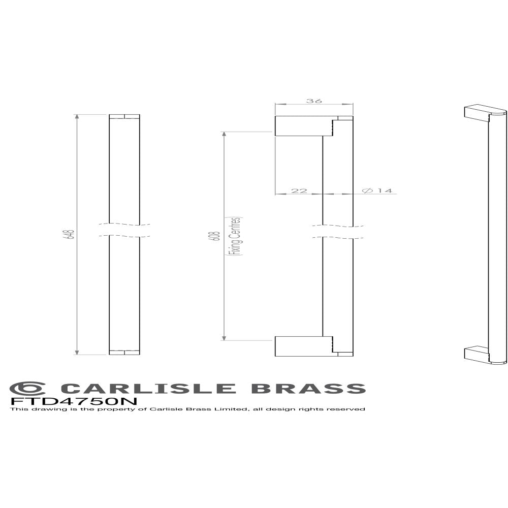 This image is a line drwaing of a FTD - Bar Handle 608mm - Satin Nickel/Stainless Steel available to order from Trade Door Handles in Kendal