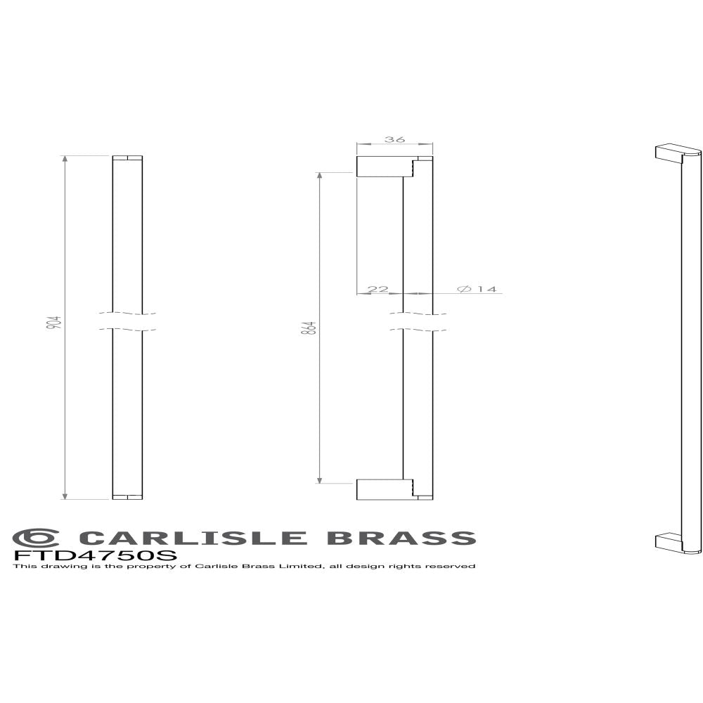 This image is a line drwaing of a FTD - Bar Handle 864mm - Satin Nickel/Stainless Steel available to order from Trade Door Handles in Kendal