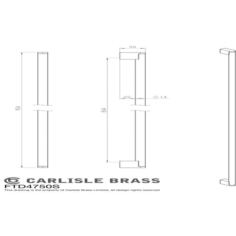 This image is a line drwaing of a FTD - Bar Handle 864mm - Satin Nickel/Stainless Steel available to order from Trade Door Handles in Kendal