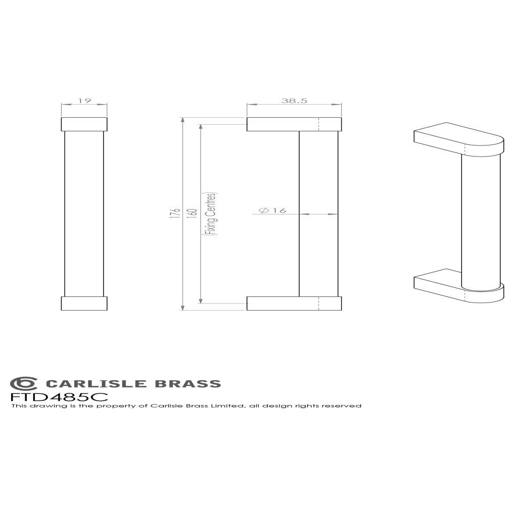 This image is a line drwaing of a FTD - Bauhaus Handle 160mm - Satin Nickel/Polished Chrome available to order from Trade Door Handles in Kendal