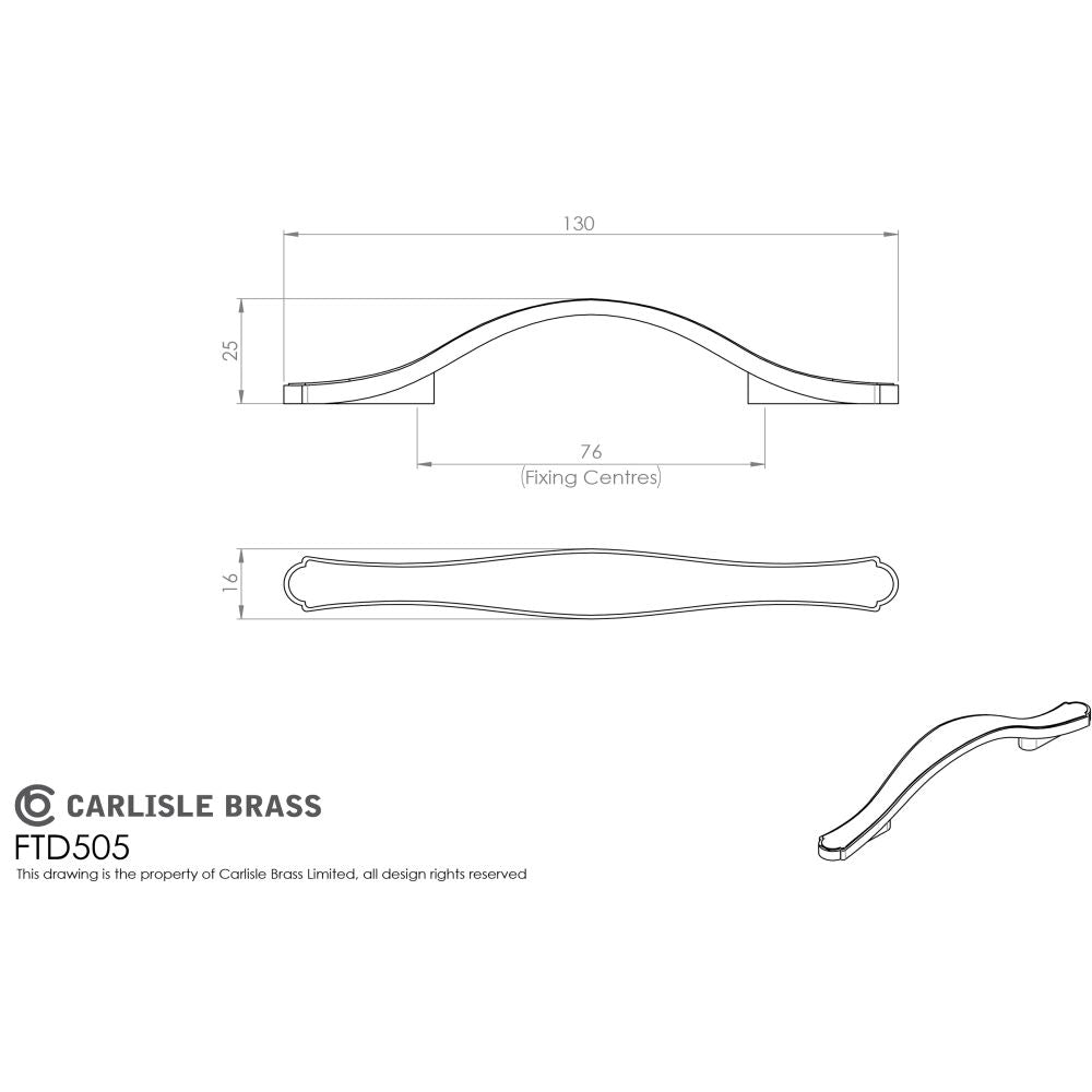 This image is a line drwaing of a FTD - Stepped Edge Bow Handle 76mm - Antique Burnished Brass available to order from Trade Door Handles in Kendal