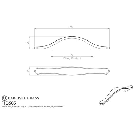 This image is a line drwaing of a FTD - Stepped Edge Bow Handle 76mm - Antique Burnished Brass available to order from Trade Door Handles in Kendal