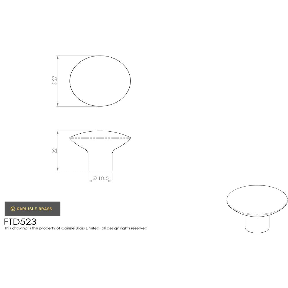 This image is a line drwaing of a FTD - Disc Cabinet Knob 27mm - Satin Nickel available to order from Trade Door Handles in Kendal