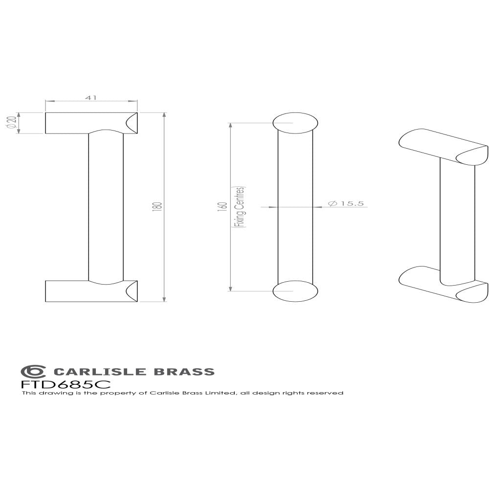 This image is a line drwaing of a FTD - Bar Handle 160mm - Satin Nickel available to order from Trade Door Handles in Kendal