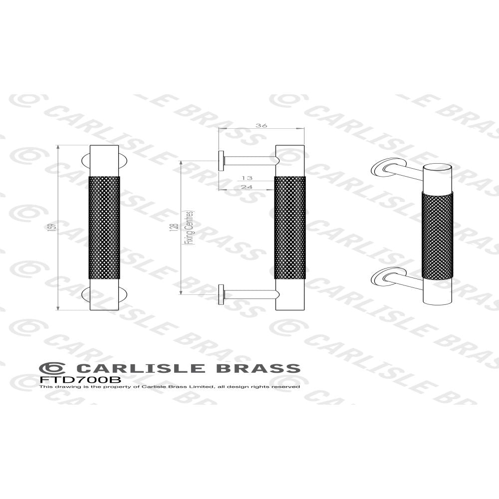 This image is a line drwaing of a FTD - Knurled Pull Handle 128mm c/c - Satin Brass available to order from Trade Door Handles in Kendal