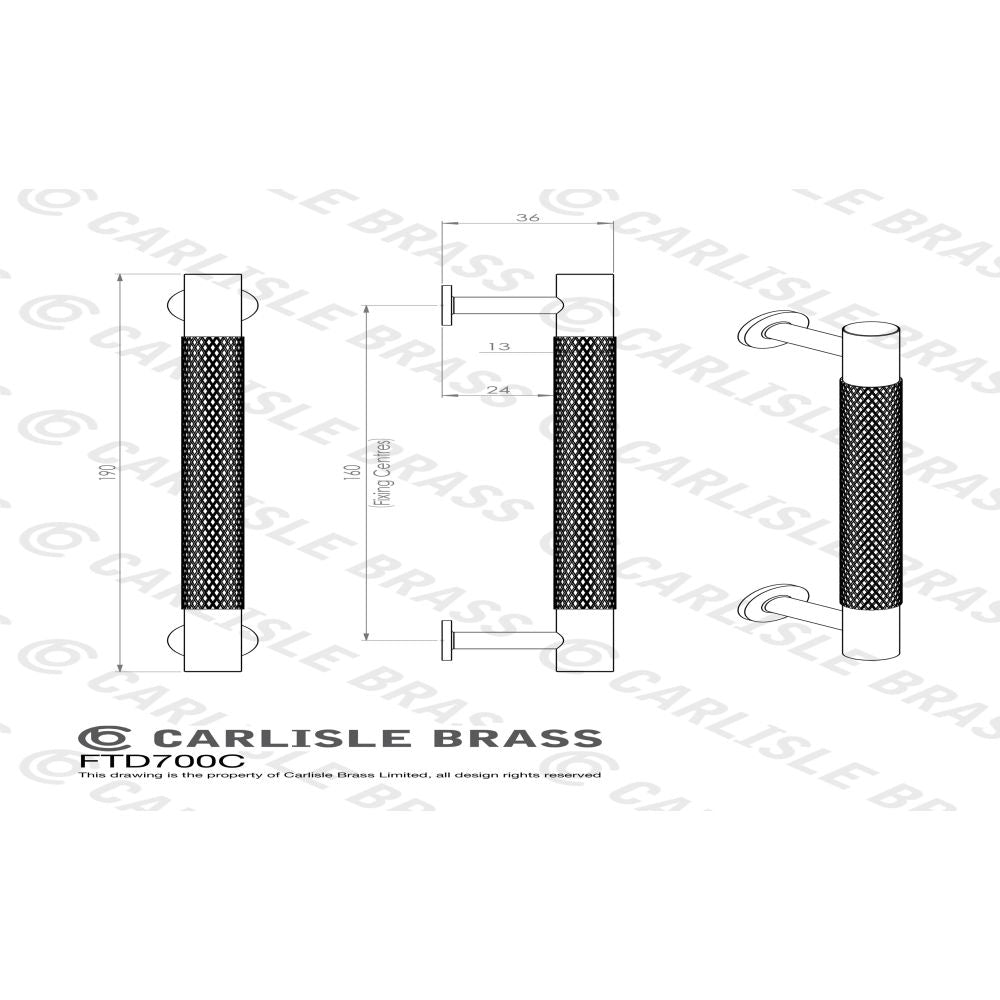 This image is a line drwaing of a FTD - Knurled Pull Handle 160mm c/c - Polished Chrome available to order from Trade Door Handles in Kendal