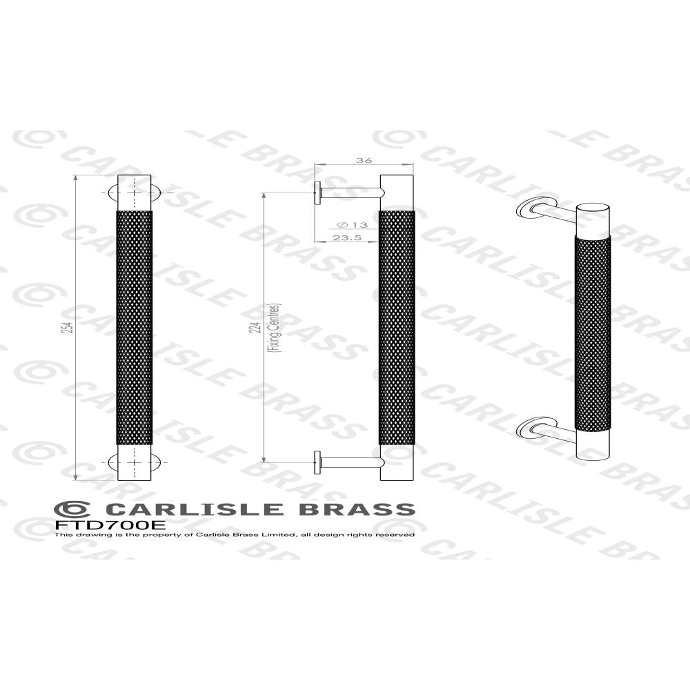 This image is a line drwaing of a FTD - Knurled Pull Handle 224mm c/c - Satin Nickel available to order from Trade Door Handles in Kendal