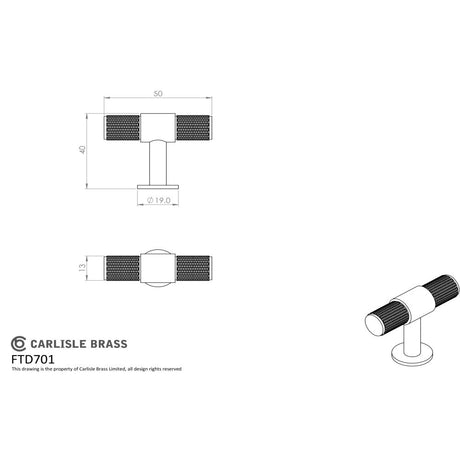 This image is a line drwaing of a FTD - Knurled T-bar Knob - Satin Nickel available to order from Trade Door Handles in Kendal