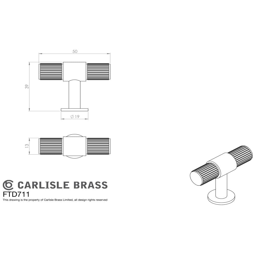 This image is a line drwaing of a Carlisle Brass - Lines T-bar Knob - Matt Black available to order from Trade Door Handles in Kendal