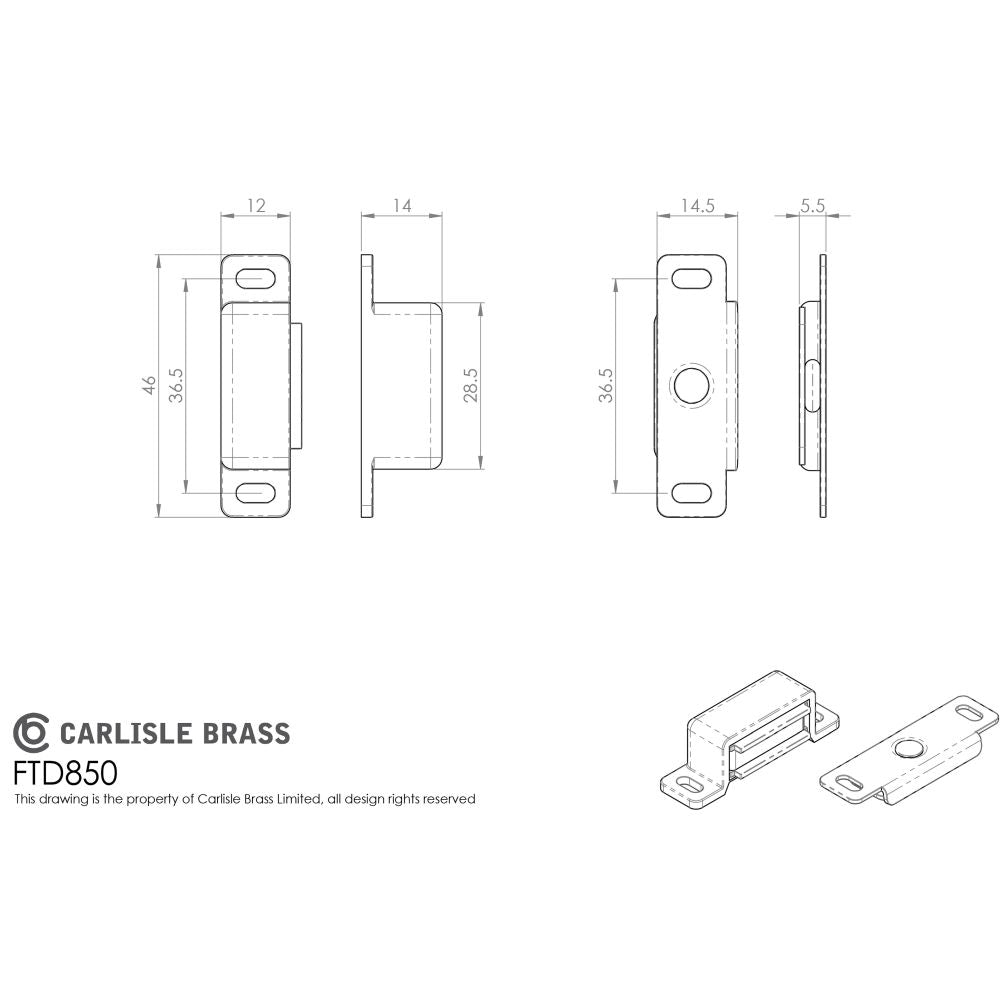 This image is a line drwaing of a FTD - Superior Steel Magnetic Catch - Nickel Plate available to order from Trade Door Handles in Kendal