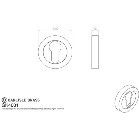 This image is a line drwaing of a Carlisle Brass - Euro Profile Escutcheon - Polished Chrome available to order from Trade Door Handles in Kendal