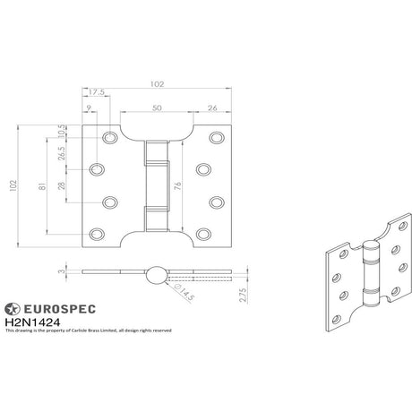 This image is a line drwaing of a Eurospec - Enduromax Grade 13 Parliament Hinge 102 x 102mm - SSS available to order from Trade Door Handles in Kendal