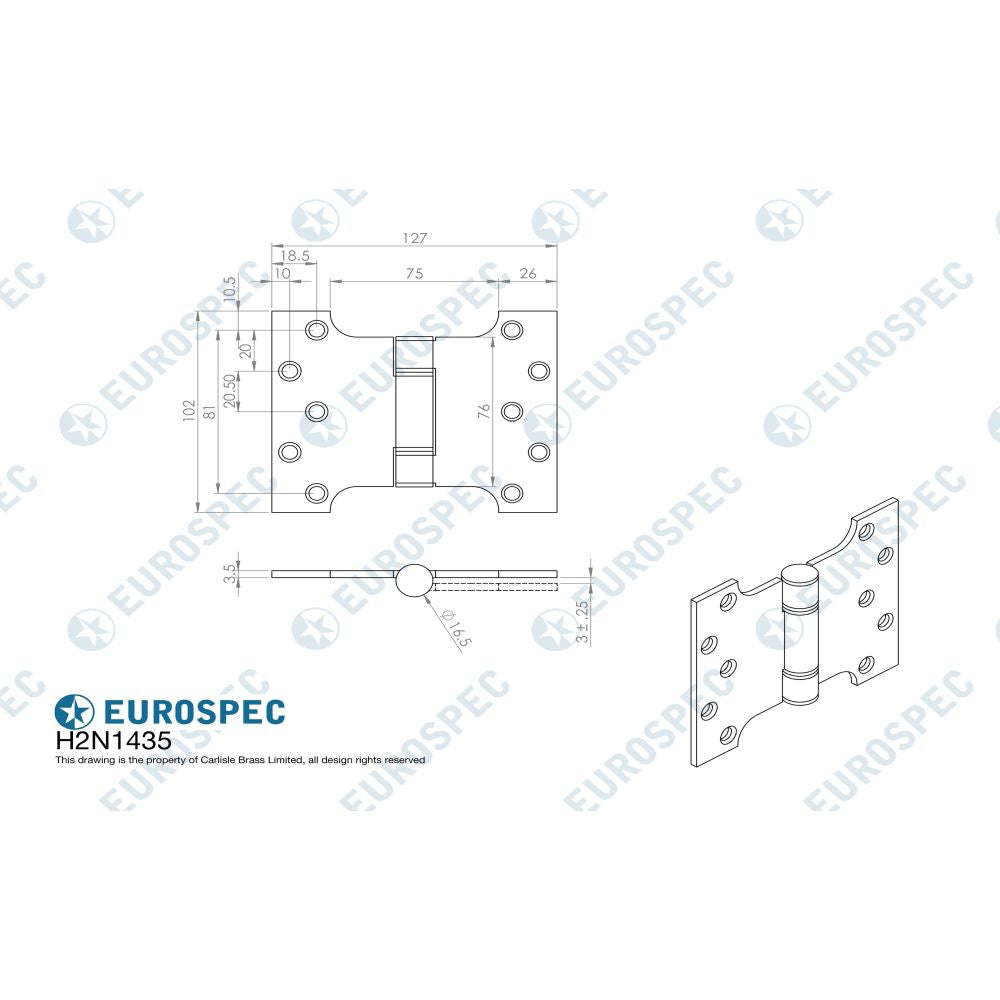 This image is a line drwaing of a Eurospec - Enduromax Grade 13 Parliament Hinge 102 x 127mm - SSS available to order from Trade Door Handles in Kendal