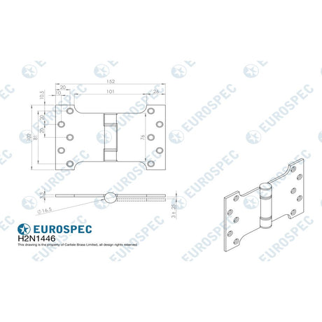 This image is a line drwaing of a Eurospec - Enduromax Grade 13 Parliament Hinge 102 x 152mm - SSS available to order from Trade Door Handles in Kendal