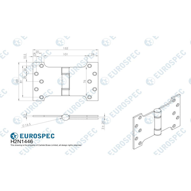 This image is a line drwaing of a Eurospec - Enduromax Grade 13 Parliament Hinge 102 x 152mm - SSS available to order from Trade Door Handles in Kendal