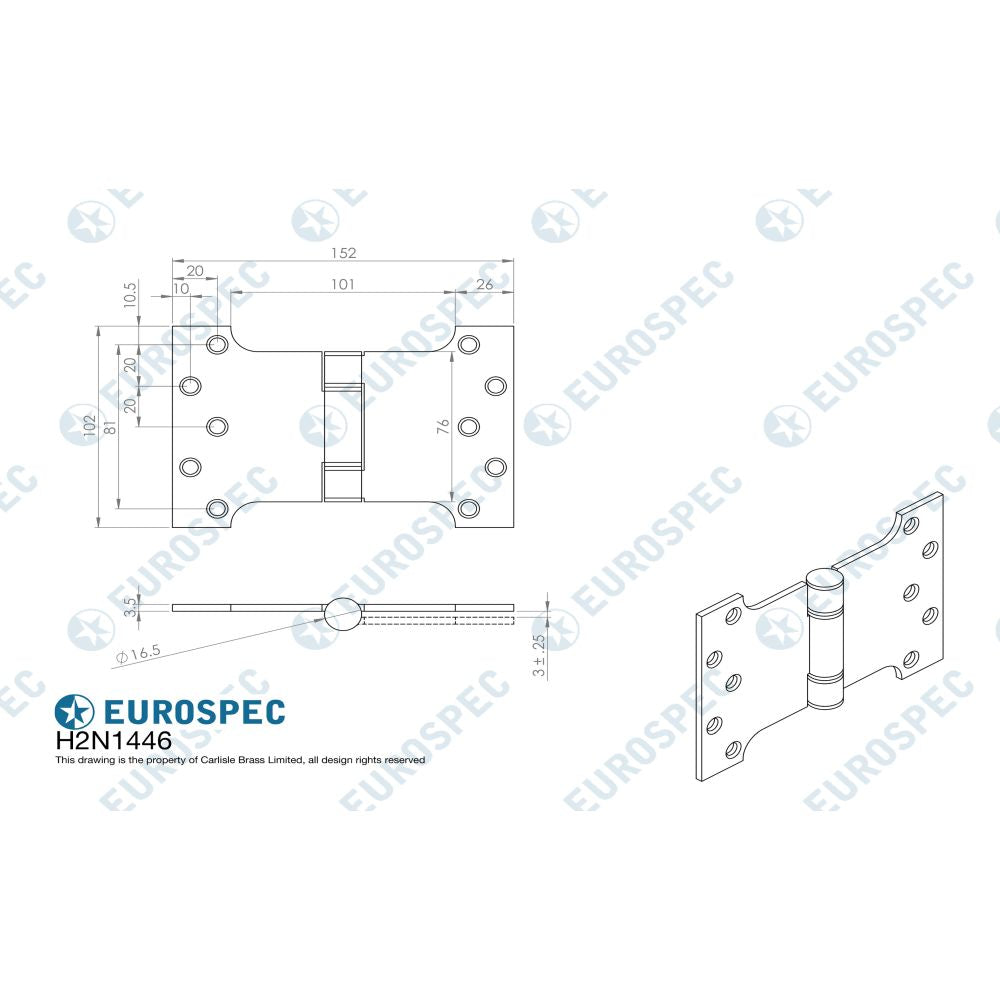 This image is a line drwaing of a Eurospec - Enduromax Grade 13 Parliament Hinge 102 x 152mm - BSS available to order from Trade Door Handles in Kendal