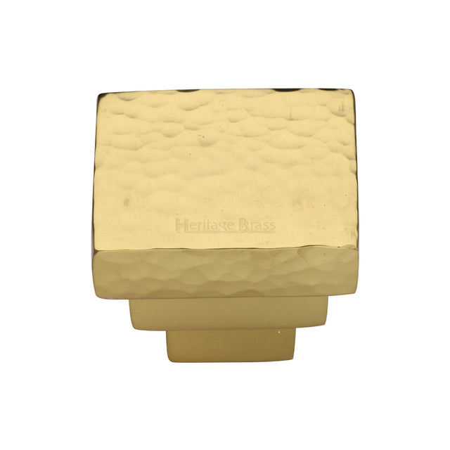 This is an image of a Heritage Brass - Cabinet Knob Square Stepped Hammered Design 32mm Polished Brass finish, ham3672-32-pb that is available to order from Trade Door Handles in Kendal.