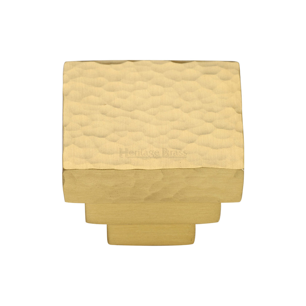 This is an image of a Heritage Brass - Cabinet Knob Square Stepped Hammered Design 32mm Satin Brass finish, ham3672-32-sb that is available to order from Trade Door Handles in Kendal.