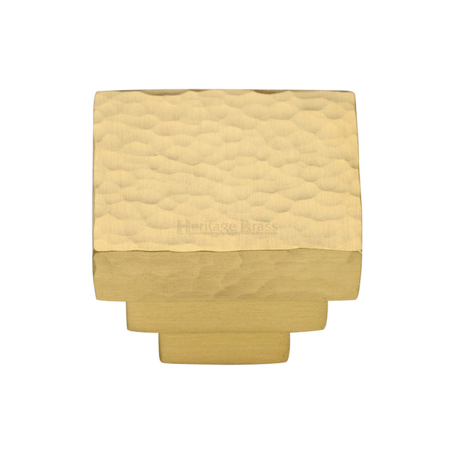 This is an image of a Heritage Brass - Cabinet Knob Square Stepped Hammered Design 32mm Satin Brass finish, ham3672-32-sb that is available to order from Trade Door Handles in Kendal.