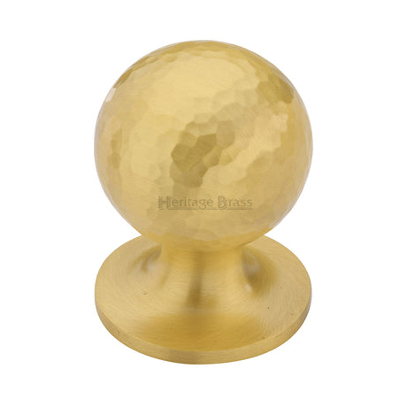 This is an image of a Heritage Brass - Cabinet Knob Ball Hammered Design 32mm Satin Brass finish, ham8321-32-sb that is available to order from Trade Door Handles in Kendal.