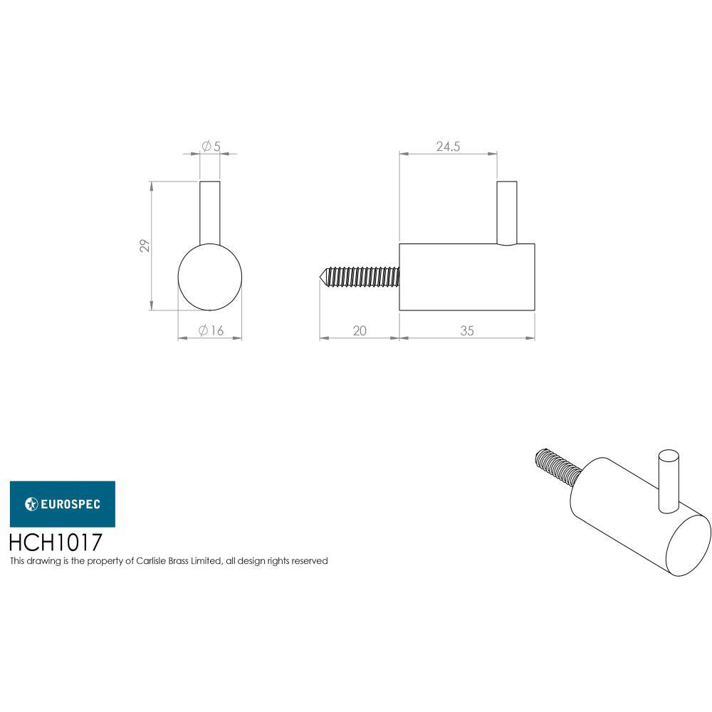 This image is a line drwaing of a Eurospec - Coat Hook - Satin Stainless Steel available to order from Trade Door Handles in Kendal