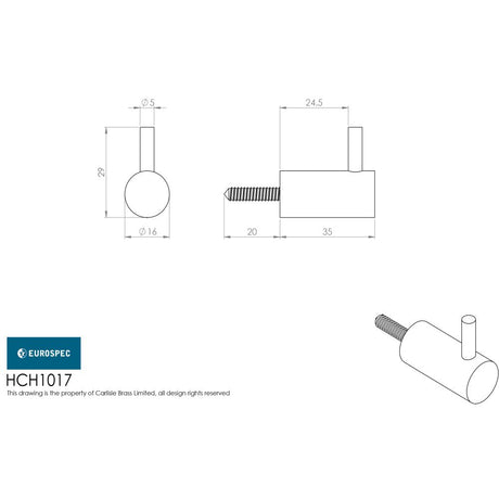 This image is a line drwaing of a Eurospec - Coat Hook - Satin Stainless Steel available to order from Trade Door Handles in Kendal