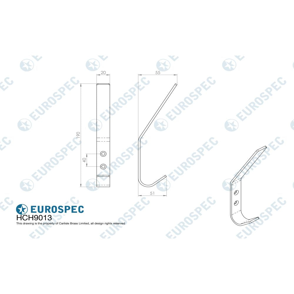 This image is a line drwaing of a Eurospec - Aluminum Flat Hat and Coat Hook - Satin Anodised Aluminium available to order from Trade Door Handles in Kendal