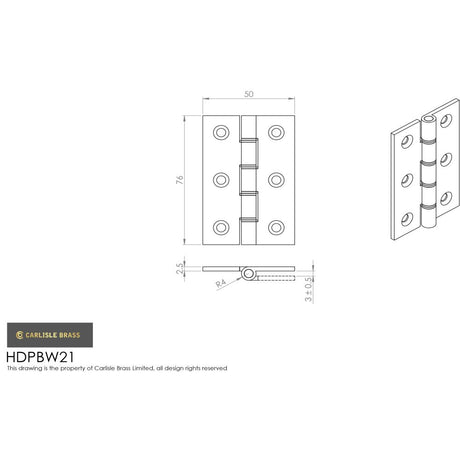 This image is a line drwaing of a Carlisle Brass - 76 x 50mm Double Phos. Bronze Washer Hinge - Satin Nickel available to order from Trade Door Handles in Kendal