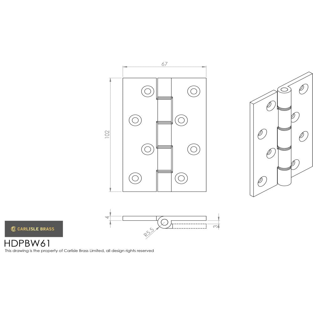 This image is a line drwaing of a Carlisle Brass - 102 x 67mm Double Phos. Bronze Washer Hinge - Polished Lacq. available to order from Trade Door Handles in Kendal