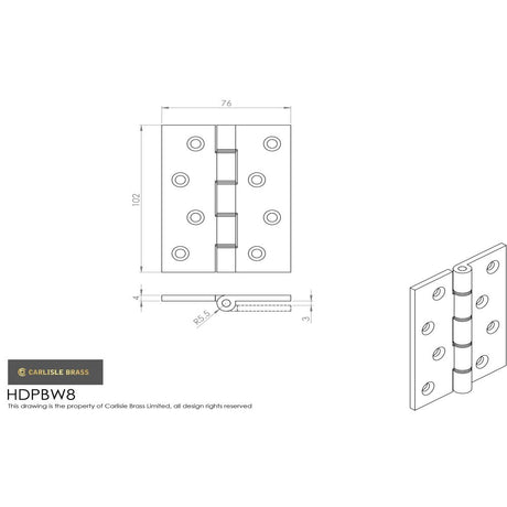 This image is a line drwaing of a Carlisle Brass - 102 x 76mm Double Phos. Bronze Washer Hinge - Polished Lacq available to order from Trade Door Handles in Kendal