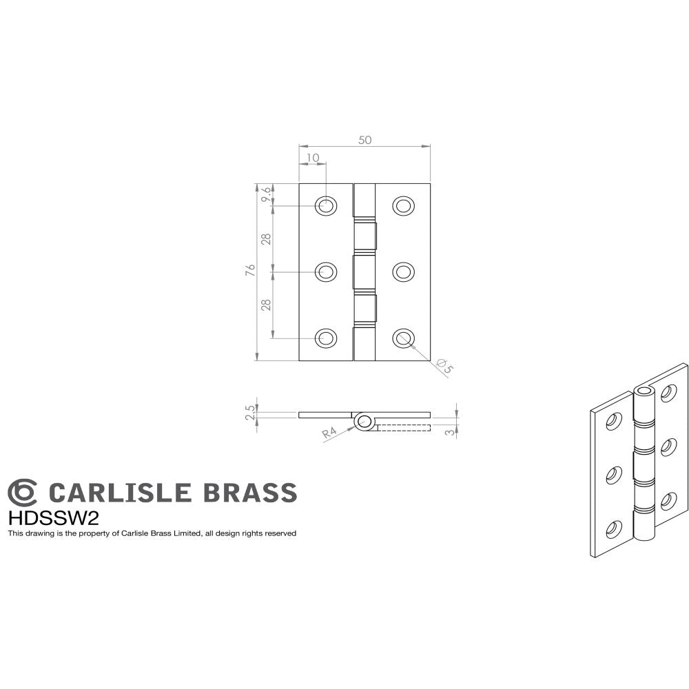 This image is a line drwaing of a Carlisle Brass - 76 x 50mm Dbl S/Steel Washer Brass Hinge - Satin Chrome available to order from Trade Door Handles in Kendal